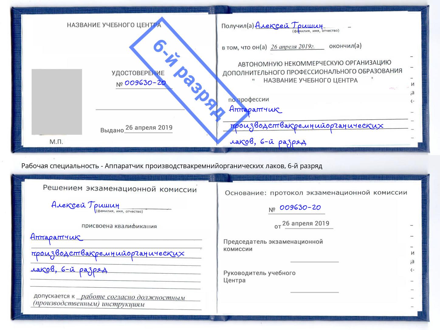 корочка 6-й разряд Аппаратчик производствакремнийорганических лаков Сургут